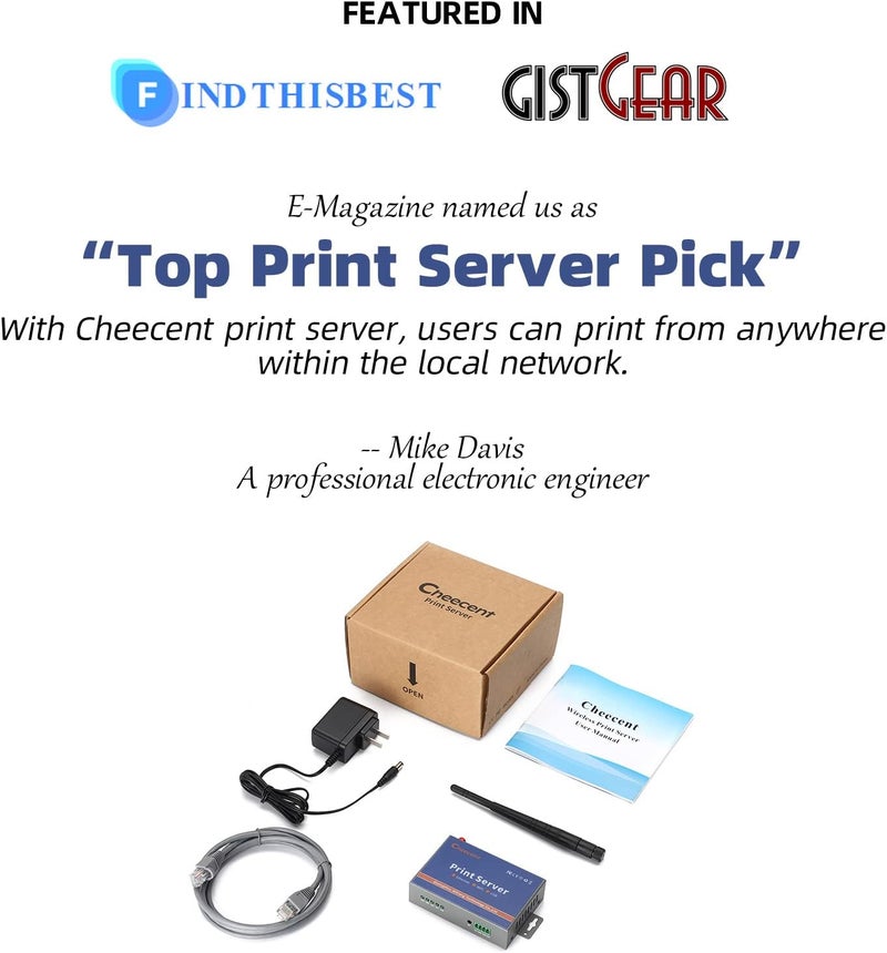 CHEECENT Store خادم طباعة لاسلكي لطابعة USB (ليس توصيل وتشغيل)، خادم طباعة USB ذو منفذين، تحويل الطابعة السلكية إلى شبكة لاسلكية WiFi Ethernet - متوافق مع ويندوز وماك ولينكس - CR202 - Image 5